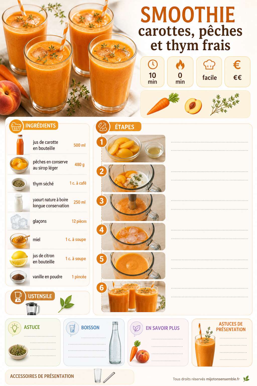 Fiche recette Smoothie carottes, p&ecirc;ches et thym frais : recette saine et rafra&icirc;chissante