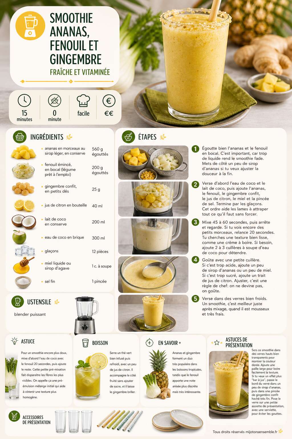Fiche recette Smoothie ananas, fenouil et gingembre : recette fraîche et vitaminée Fiche recette Smoothie ananas, fenouil et gingembre : recette fraîche et vitaminée
