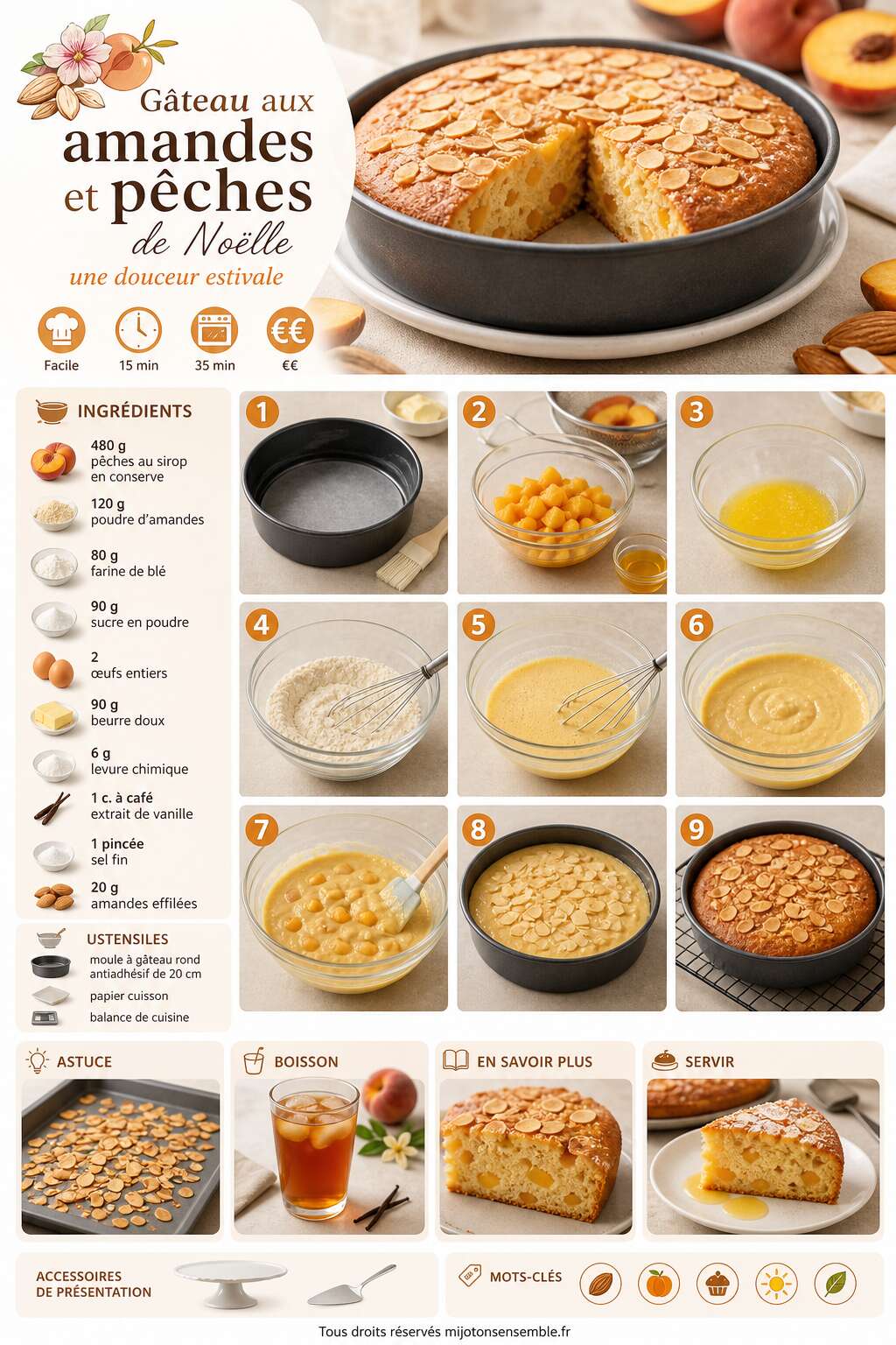 Fiche recette Gâteau aux amandes et pêches de Noëlle : une douceur estivale Fiche recette Gâteau aux amandes et pêches de Noëlle : une douceur estivale