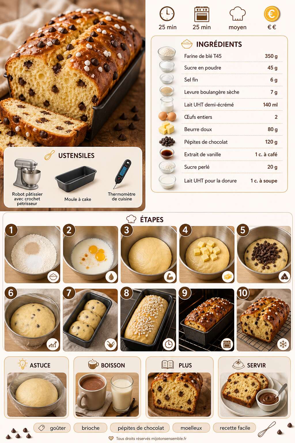 Fiche recette Recette de brioche aux pépites de chocolat moelleuse et gourmande Fiche recette Recette de brioche aux pépites de chocolat moelleuse et gourmande