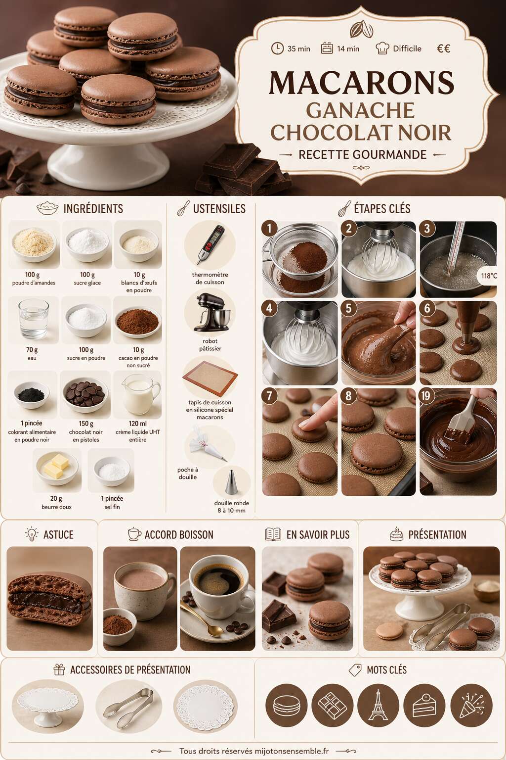 Fiche recette Macarons ganache chocolat noir : recette gourmande Fiche recette Macarons ganache chocolat noir : recette gourmande