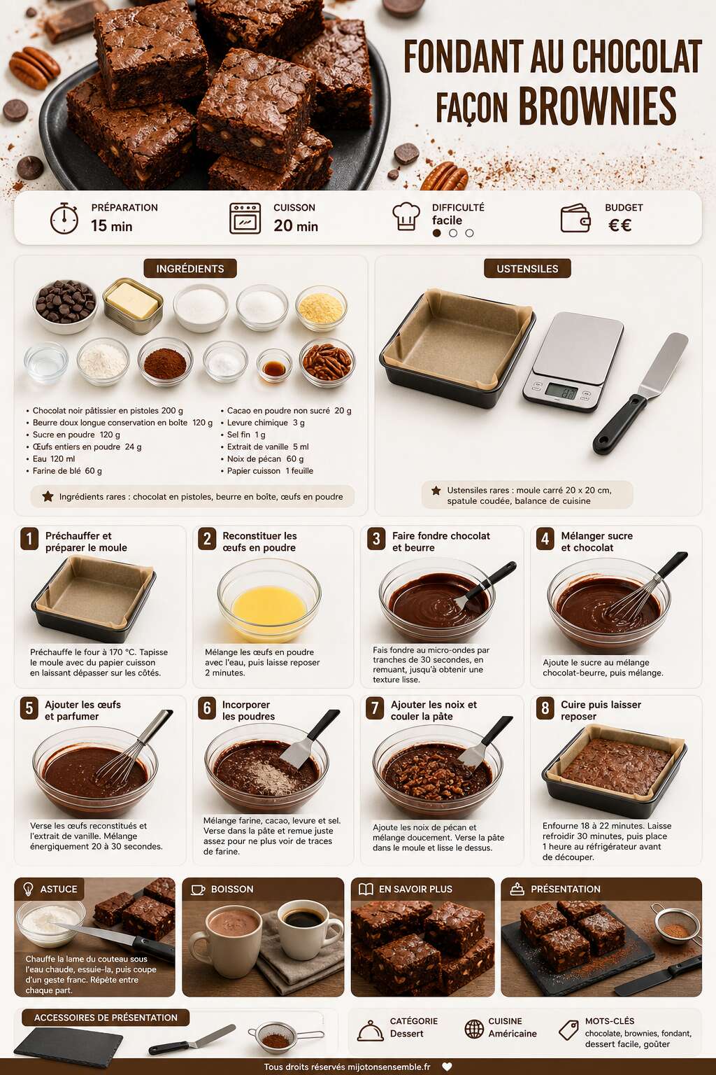 Fiche recette Fondant au chocolat fa&ccedil;on brownies : recette d&eacute;licieuse
