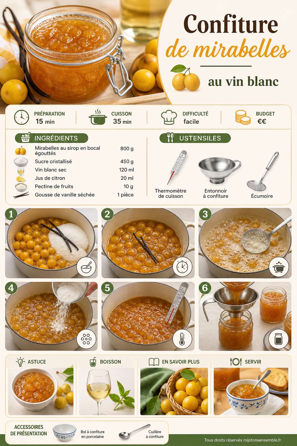 Fiche recette Recette de confiture de mirabelles au vin blanc