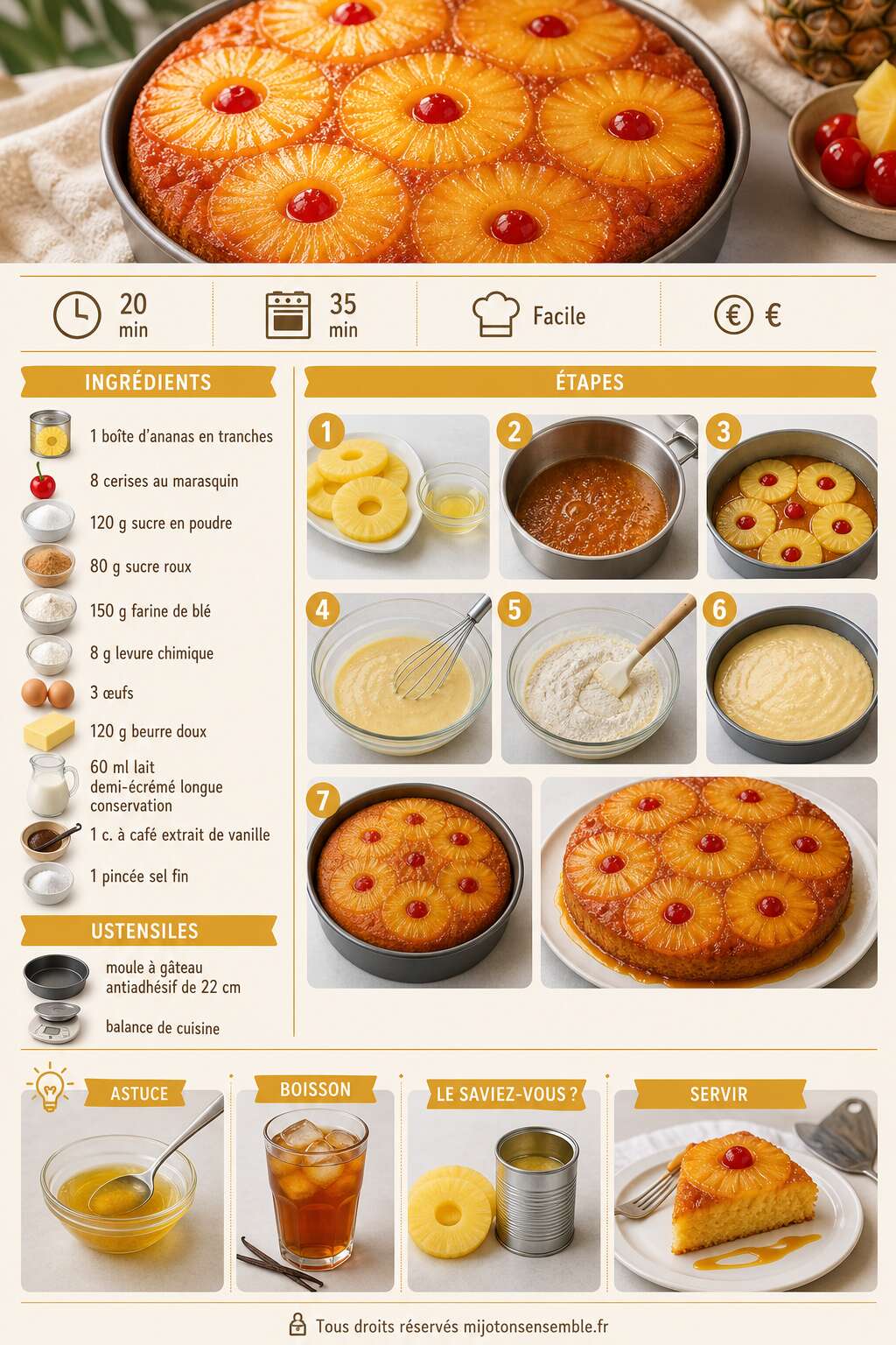 Fiche recette Recette du gâteau renversé à l'ananas Fiche recette Recette du gâteau renversé à l'ananas