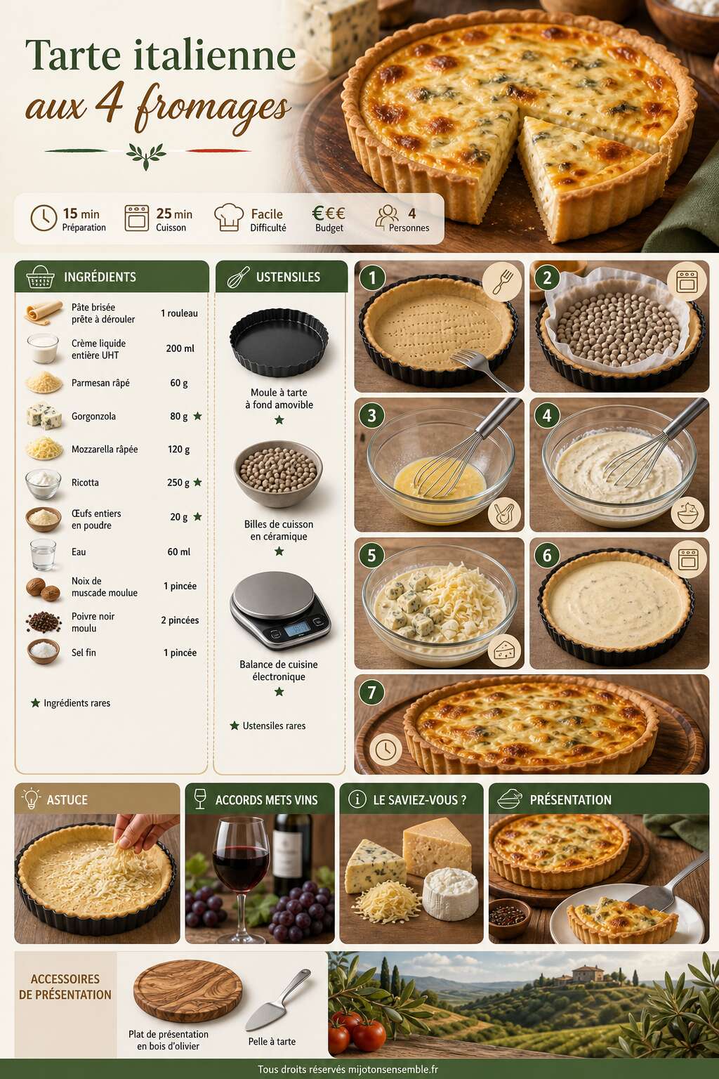 Fiche recette Tarte italienne : recette aux 4 fromages Fiche recette Tarte italienne : recette aux 4 fromages
