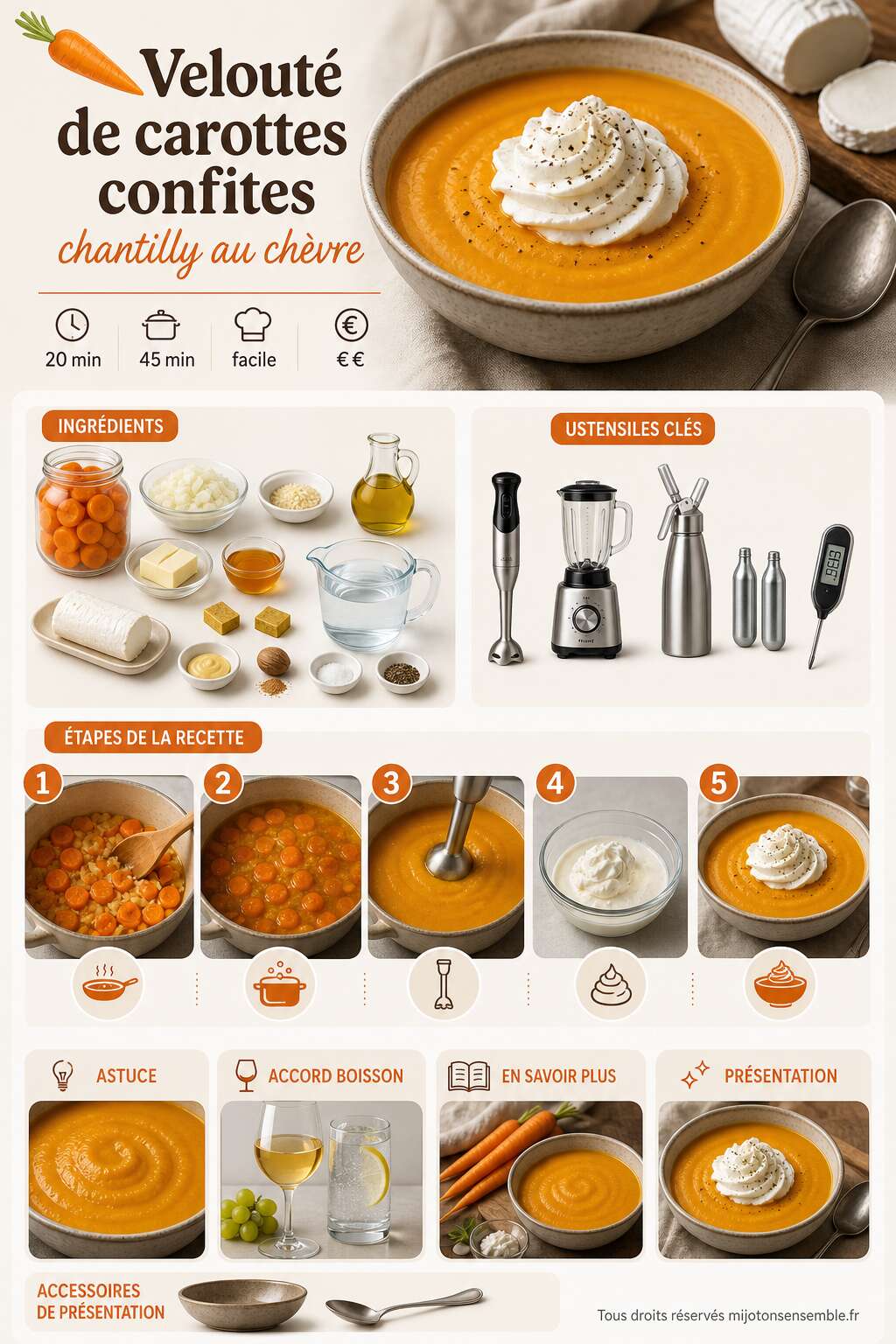Fiche recette Velouté de carottes confites : recette avec chantilly au chèvre Fiche recette Velouté de carottes confites : recette avec chantilly au chèvre