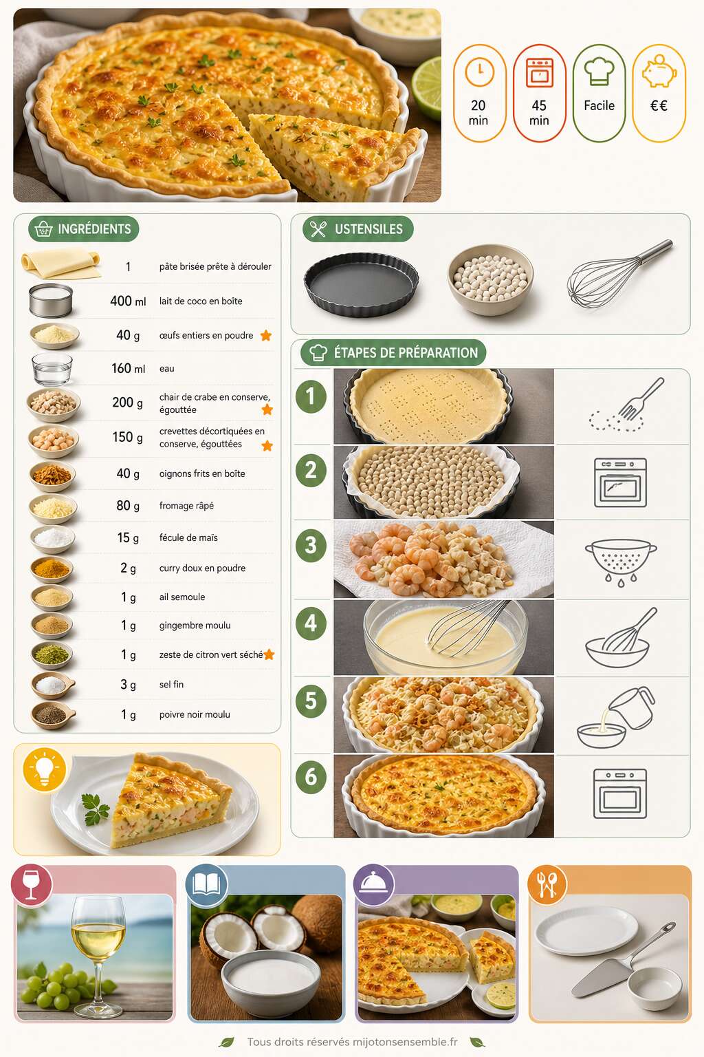 Fiche recette Recette de quiche au lait de coco avec crabes et crevettes Fiche recette Recette de quiche au lait de coco avec crabes et crevettes