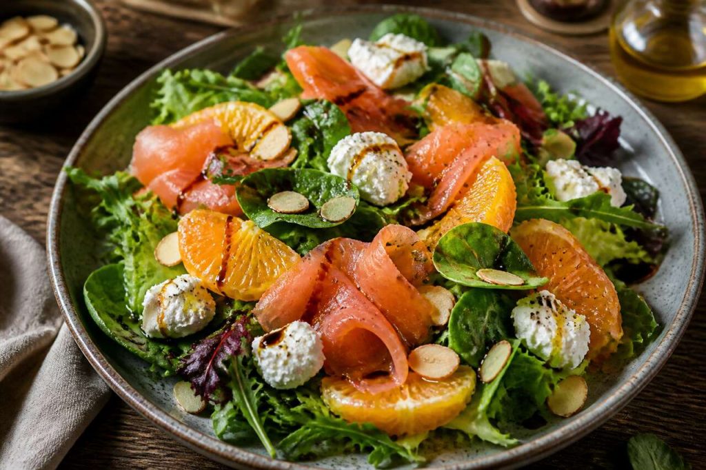 Salade de roquette au chèvre, truite fumée et oranges
