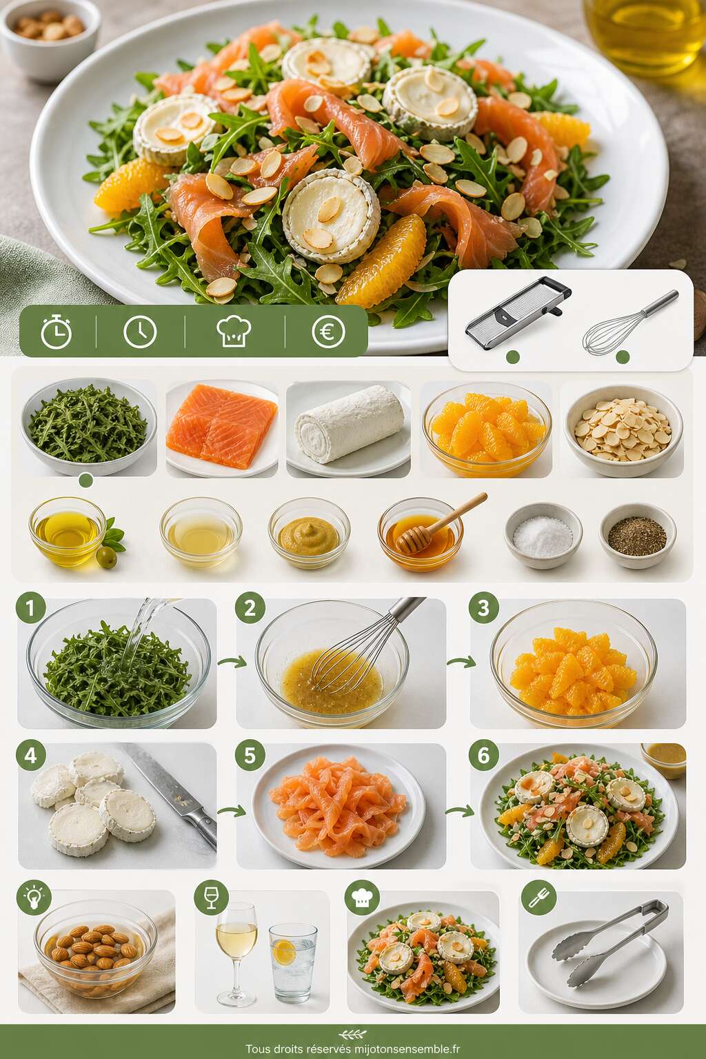 Fiche recette Salade de roquette au ch&egrave;vre, truite fum&eacute;e et oranges