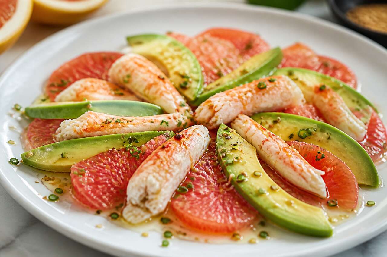 Recette carpaccio pamplemousse, avocat et crabe