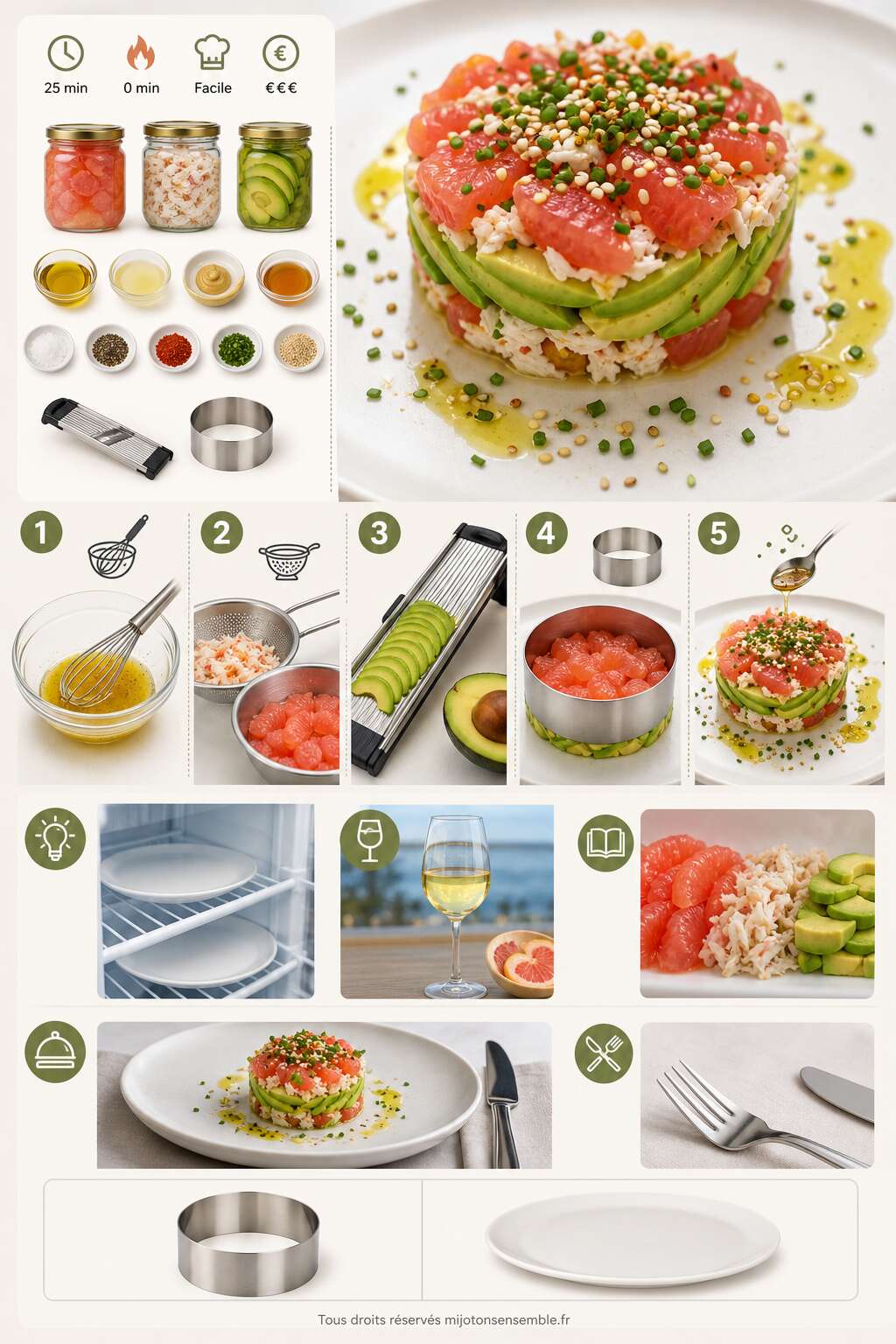 Fiche recette Recette carpaccio pamplemousse, avocat et crabe