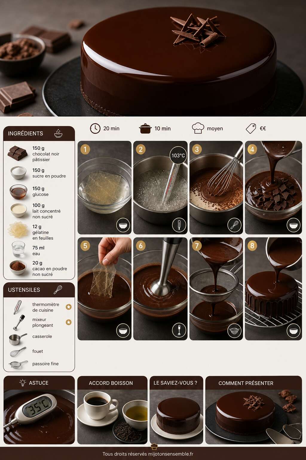 Fiche recette Recette du gla&ccedil;age miroir au chocolat noir