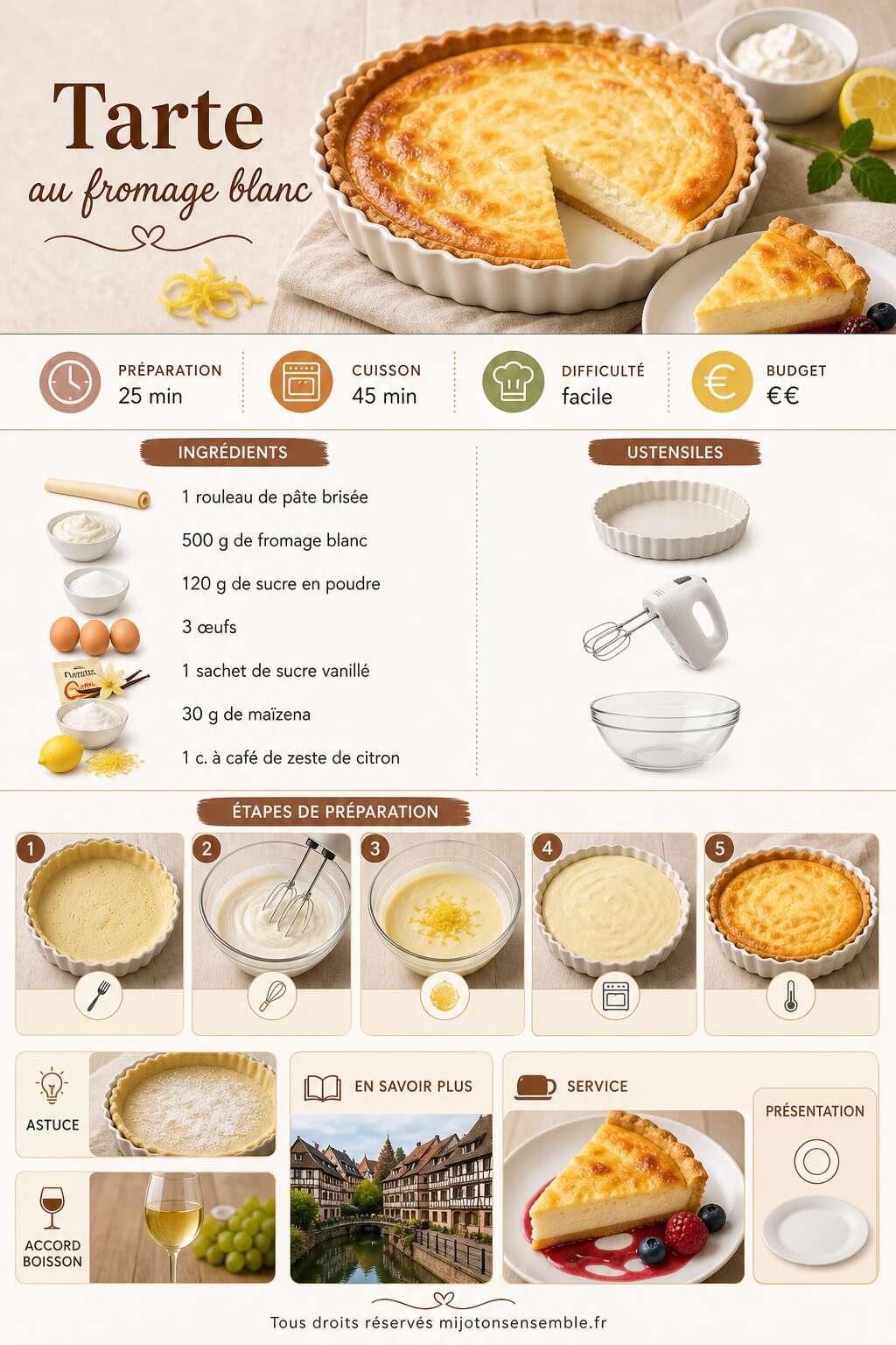 Fiche recette Recette de tarte au fromage blanc Fiche recette Recette de tarte au fromage blanc