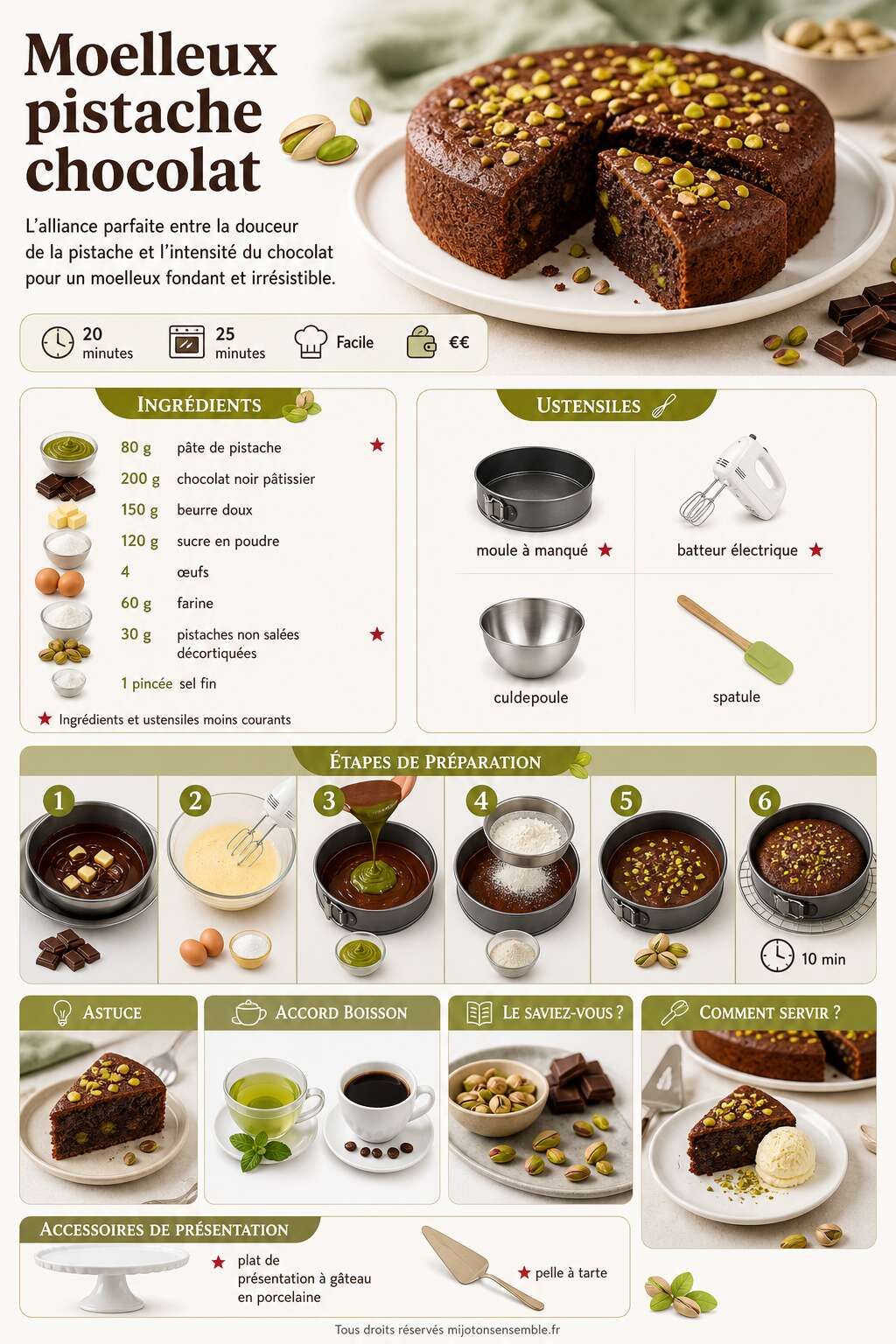 Fiche recette Recette du moelleux pistache chocolat Fiche recette Recette du moelleux pistache chocolat
