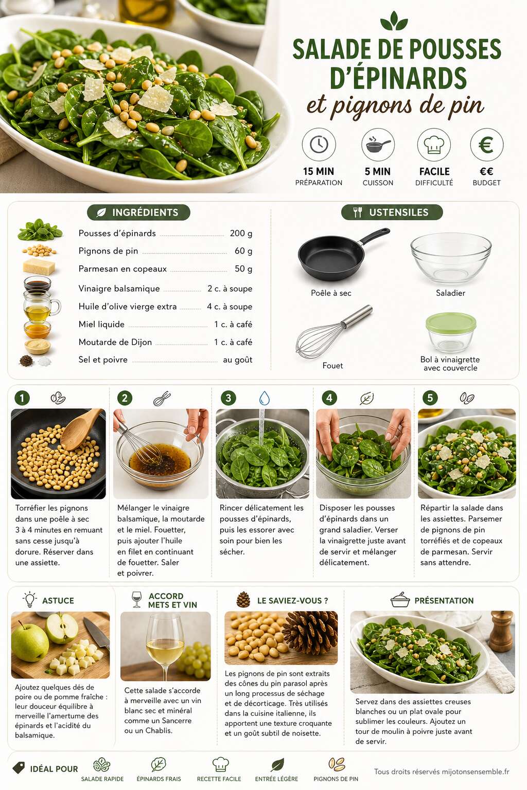 Fiche recette Salade de pousses d'épinards et pignons de pin : recette facile et savoureuse Fiche recette Salade de pousses d'épinards et pignons de pin : recette facile et savoureuse