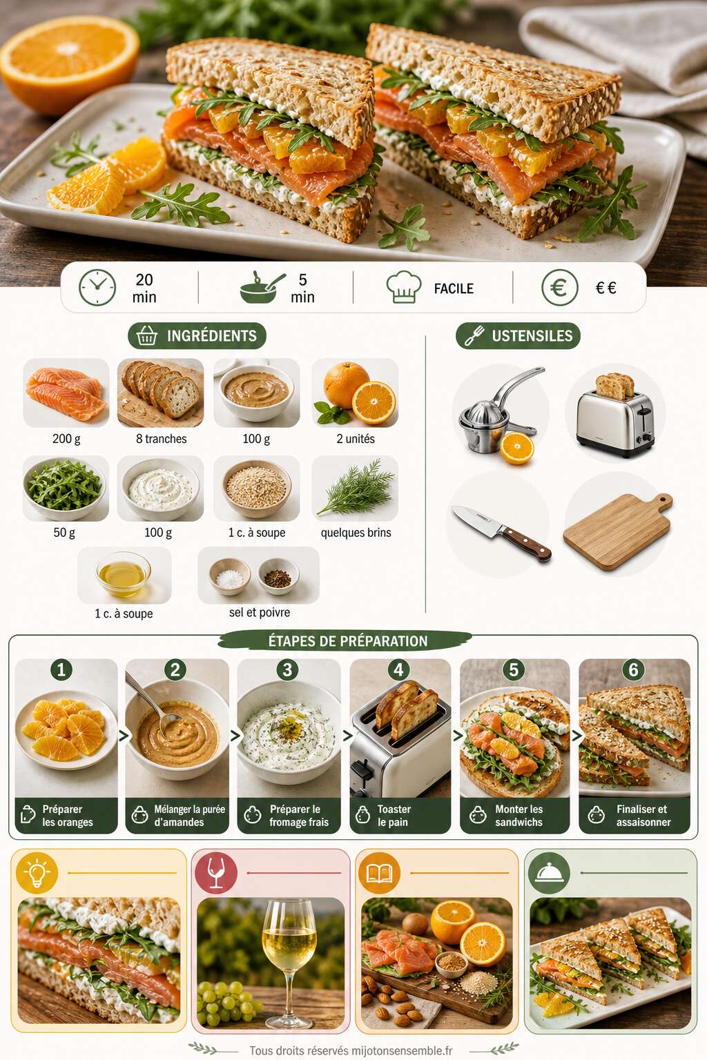 Fiche recette Sandwichs au saumon fumé, orange et purée d'amandes : une recette originale et savoureuse Fiche recette Sandwichs au saumon fumé, orange et purée d'amandes : une recette originale et savoureuse