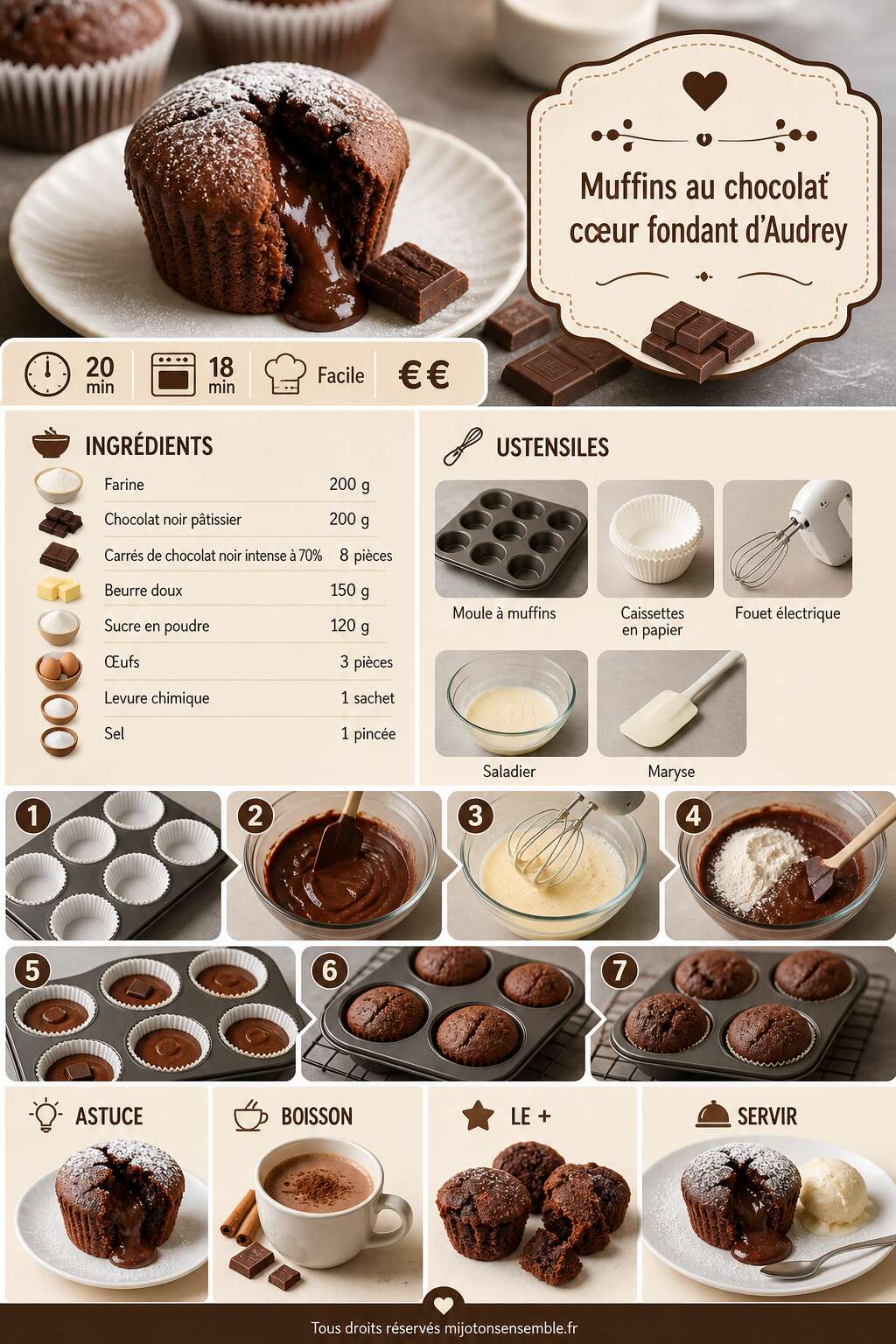 Fiche recette Muffins au chocolat c&oelig;ur fondant d'Audrey : recette gourmande
