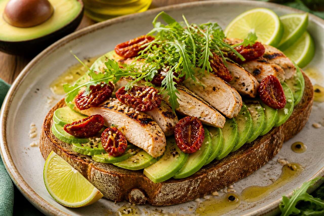 Tartine à l'avocat Hass du Pérou, poulet grillé et tomates séchées