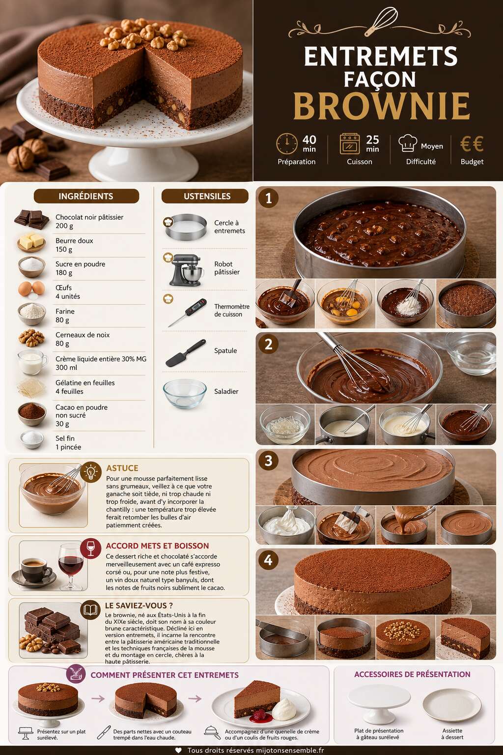 Fiche recette Recette d'entremets façon brownie Fiche recette Recette d'entremets façon brownie