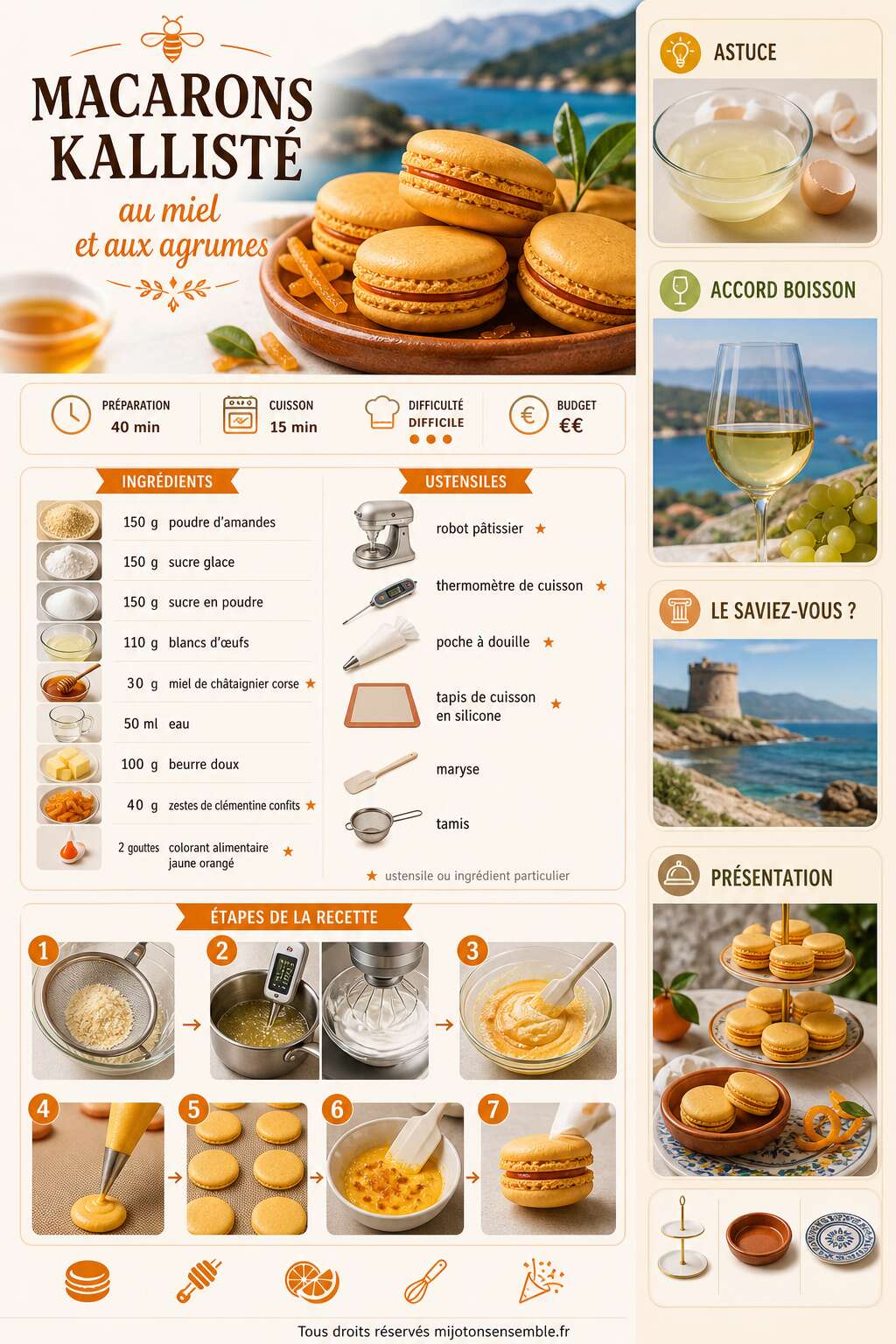 Fiche recette Recette de macarons Kallist&eacute; au miel et aux agrumes