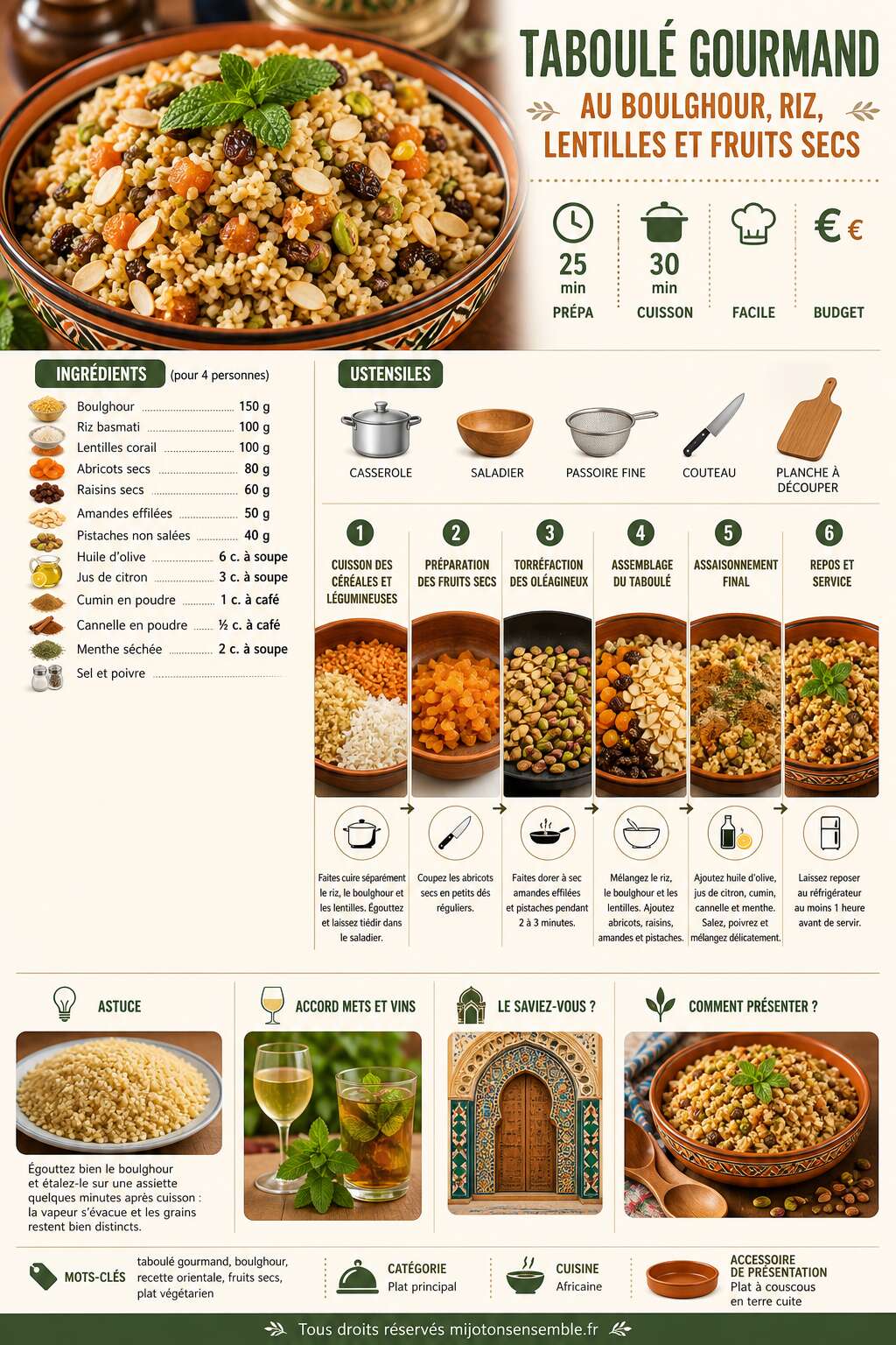 Fiche recette Taboul&eacute; gourmand au boulghour, riz, lentilles et fruits secs