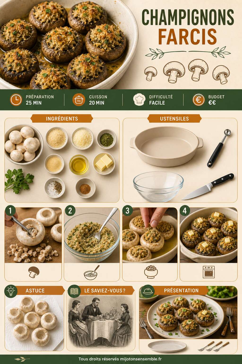 Fiche recette Recette de champignons frais farcis : un délice à découvrir Fiche recette Recette de champignons frais farcis : un délice à découvrir