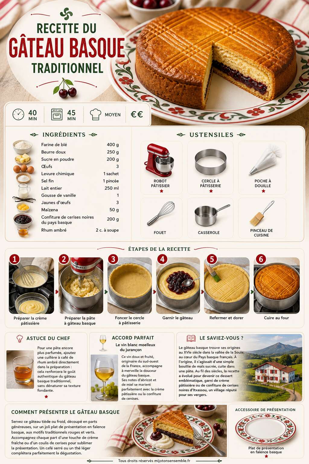 Fiche recette Recette du gâteau basque traditionnel Fiche recette Recette du gâteau basque traditionnel