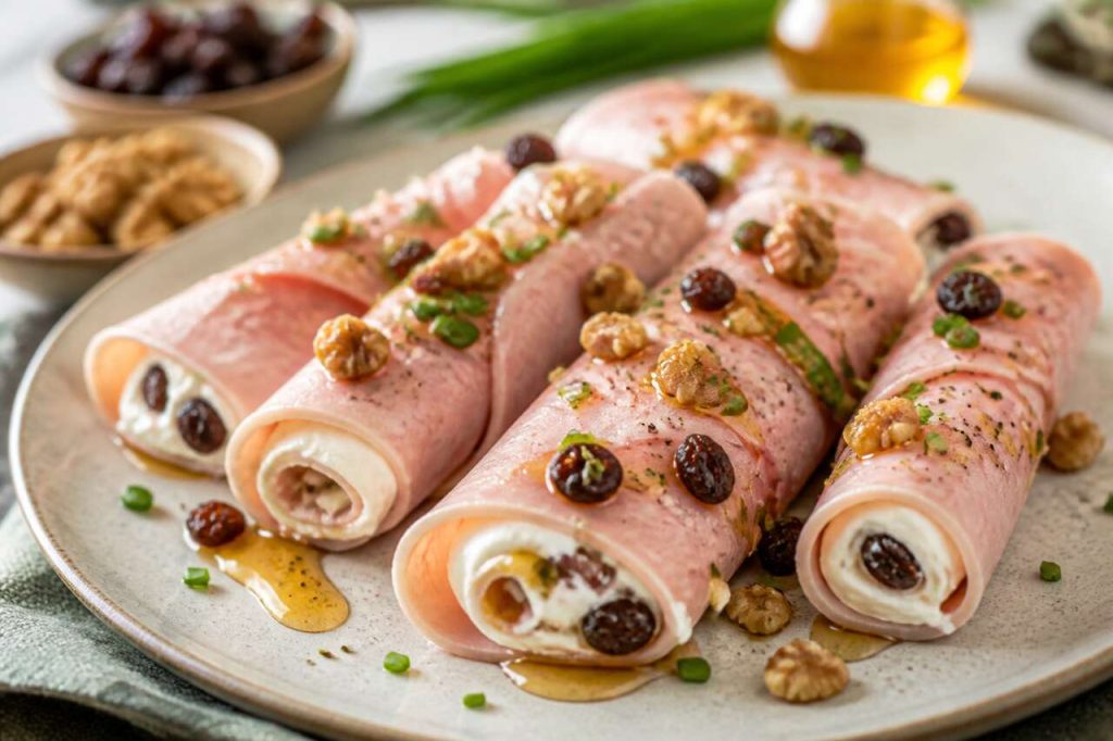 Rouleaux de jambon au chèvre frais et raisins : recette savoureuse