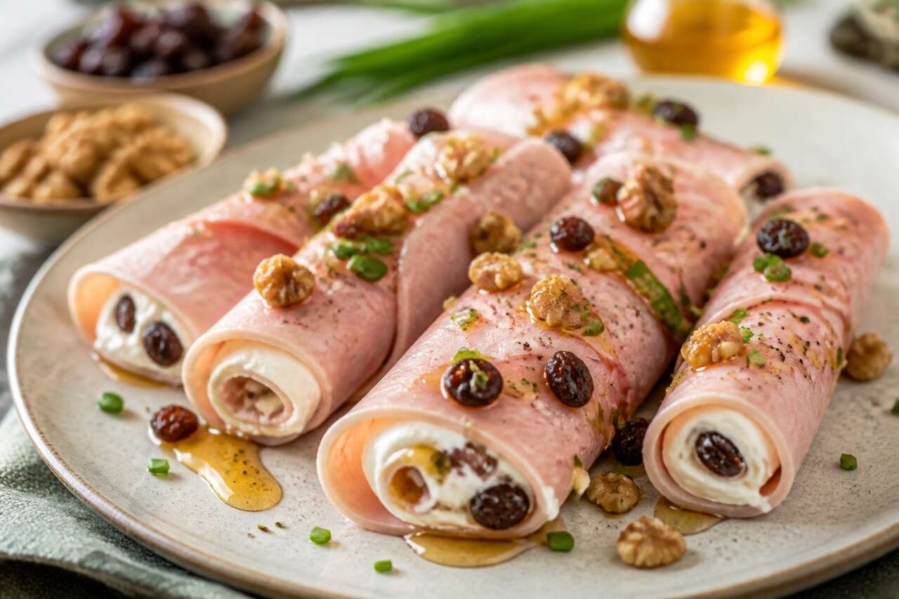 Rouleaux de jambon au chèvre frais et raisins : recette savoureuse