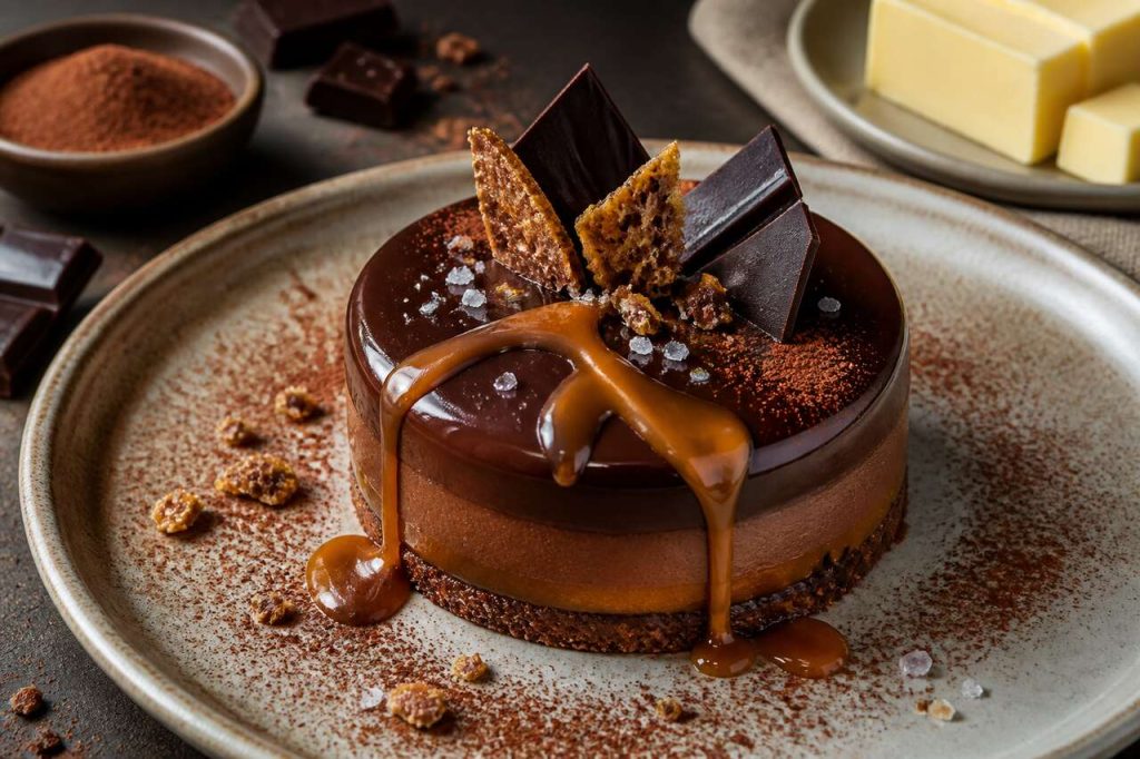 Douceur chocolat et caramel au beurre salé : recette en trois textures