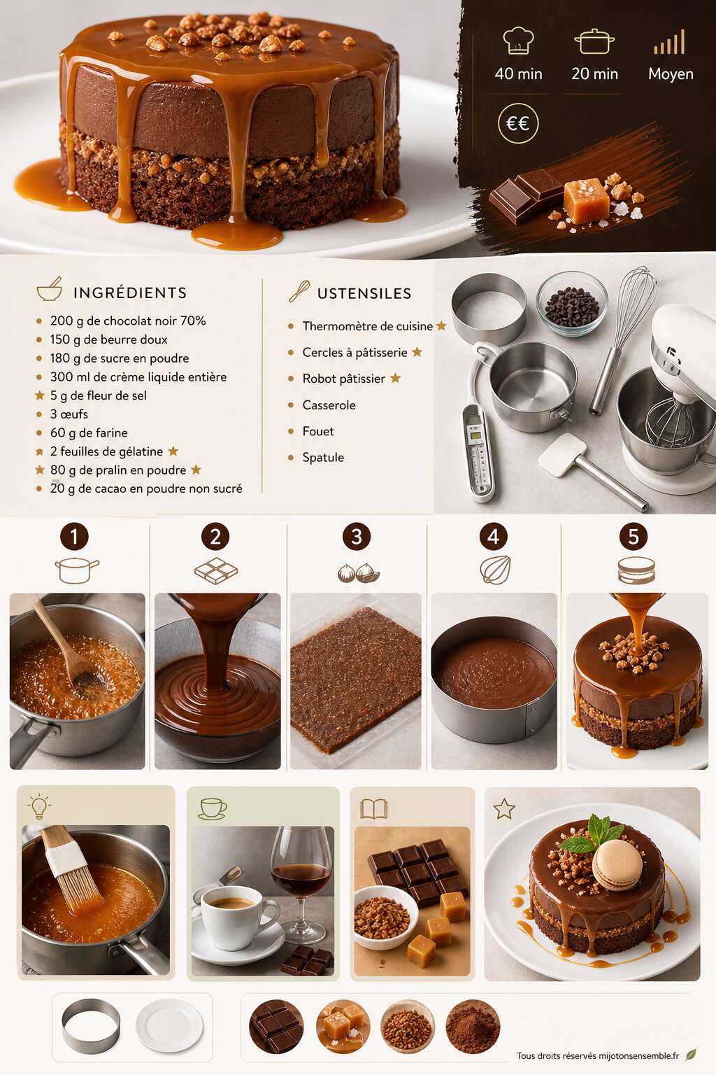 Fiche recette Douceur chocolat et caramel au beurre sal&eacute; : recette en trois textures