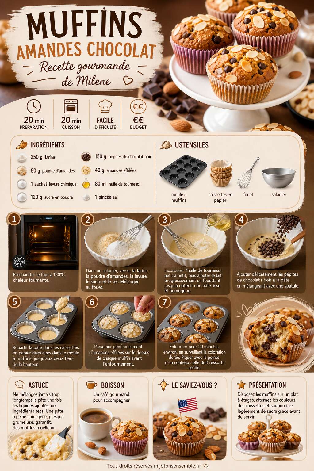 Fiche recette Muffins amandes chocolat : recette gourmande de Milene