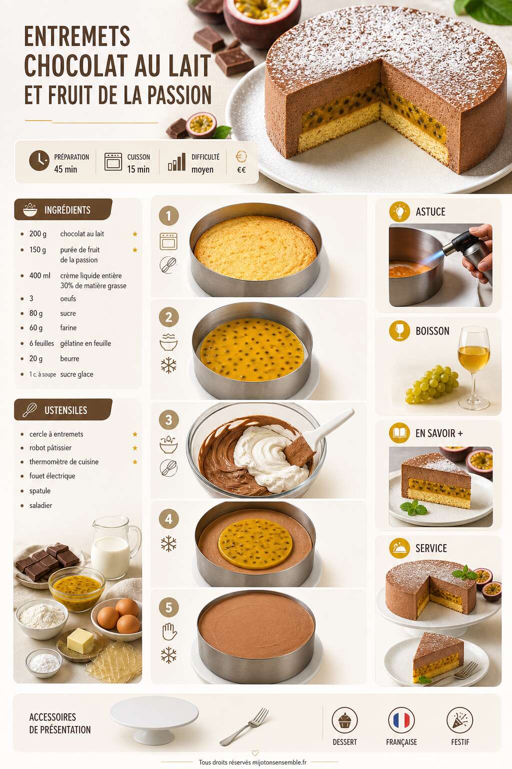 Fiche recette Recette d'entremets chocolat au lait et fruit de la passion