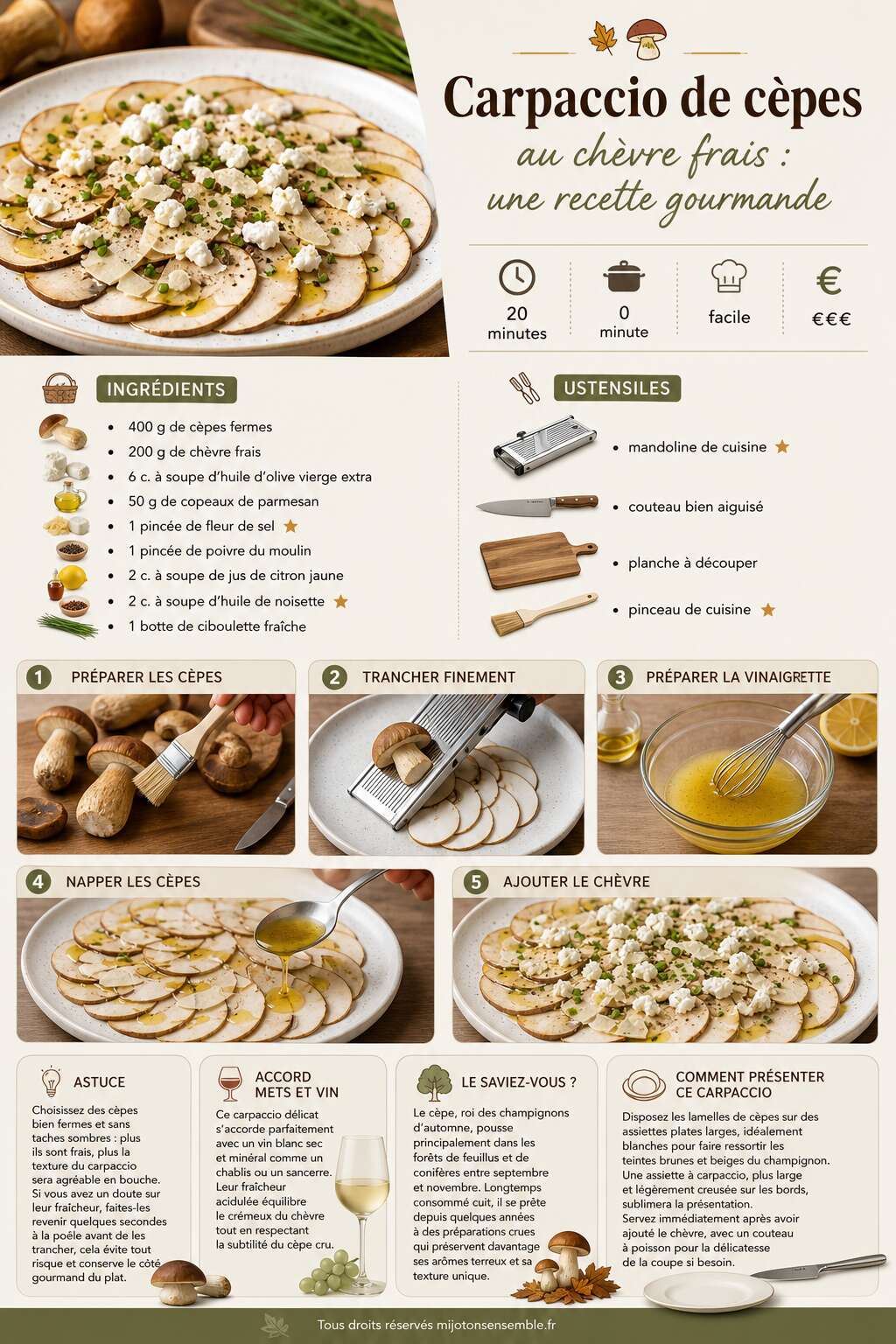 Fiche recette Carpaccio de c&egrave;pes au ch&egrave;vre frais : une recette gourmande