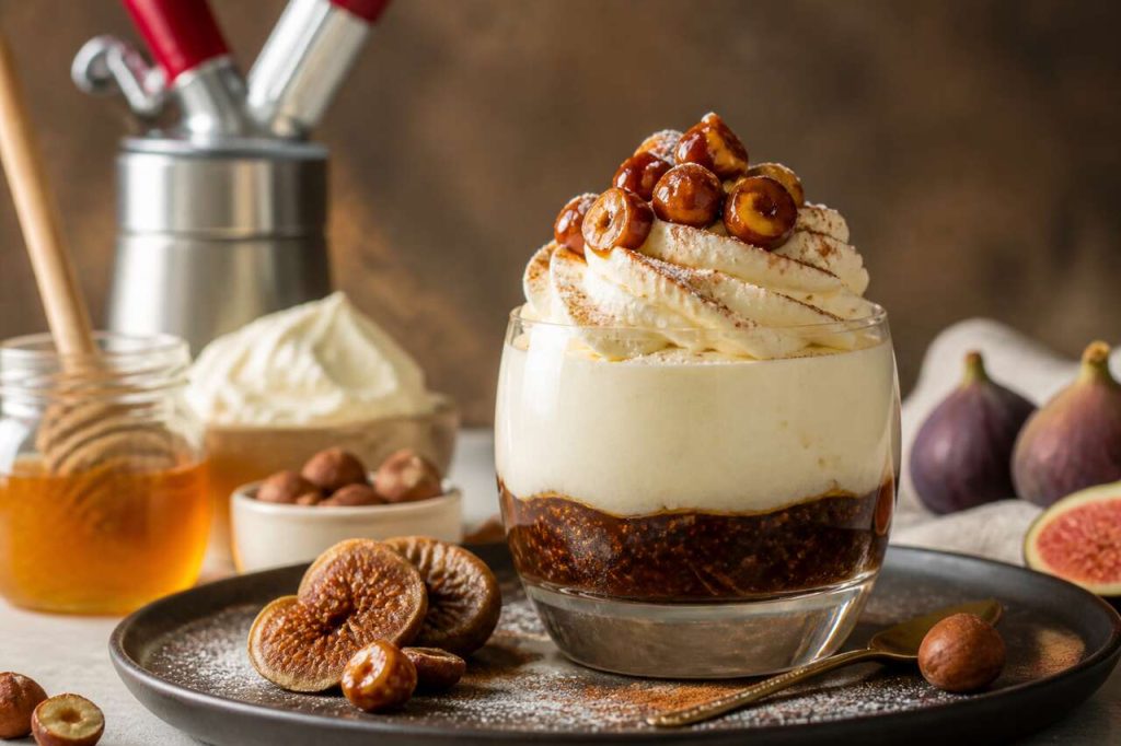 Verrine mousse miel, compotée de figues et confit de noisettes