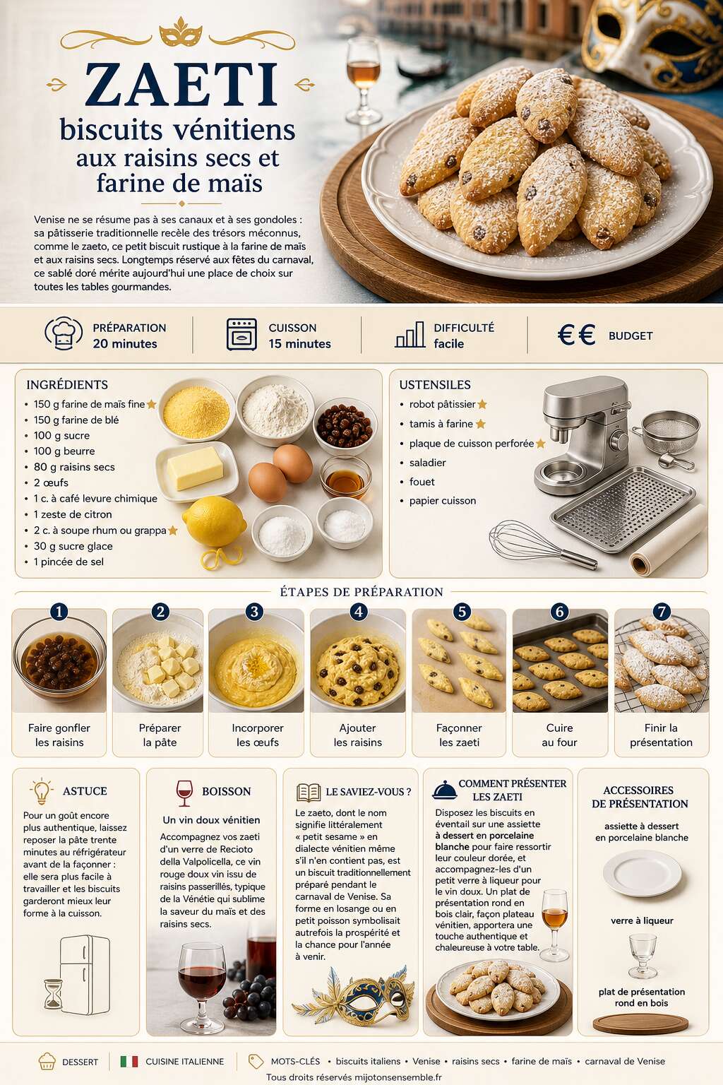 Fiche recette Zaeti : biscuits vénitiens aux raisins secs et farine de maïs Fiche recette Zaeti : biscuits vénitiens aux raisins secs et farine de maïs