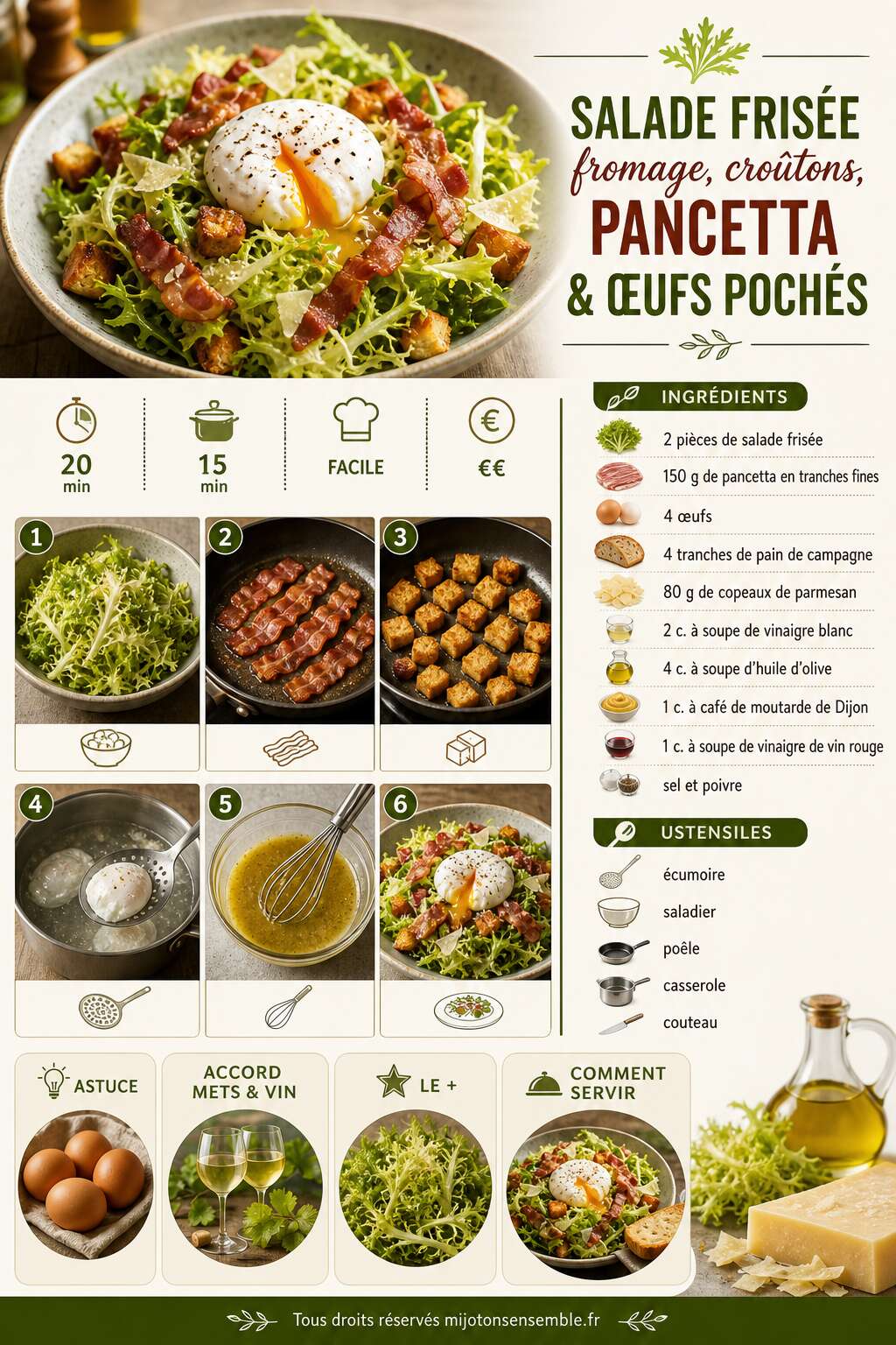 Fiche recette Recette de salade fris&eacute;e : fromage, cro&ucirc;tons, pancetta et &oelig;ufs poch&eacute;s
