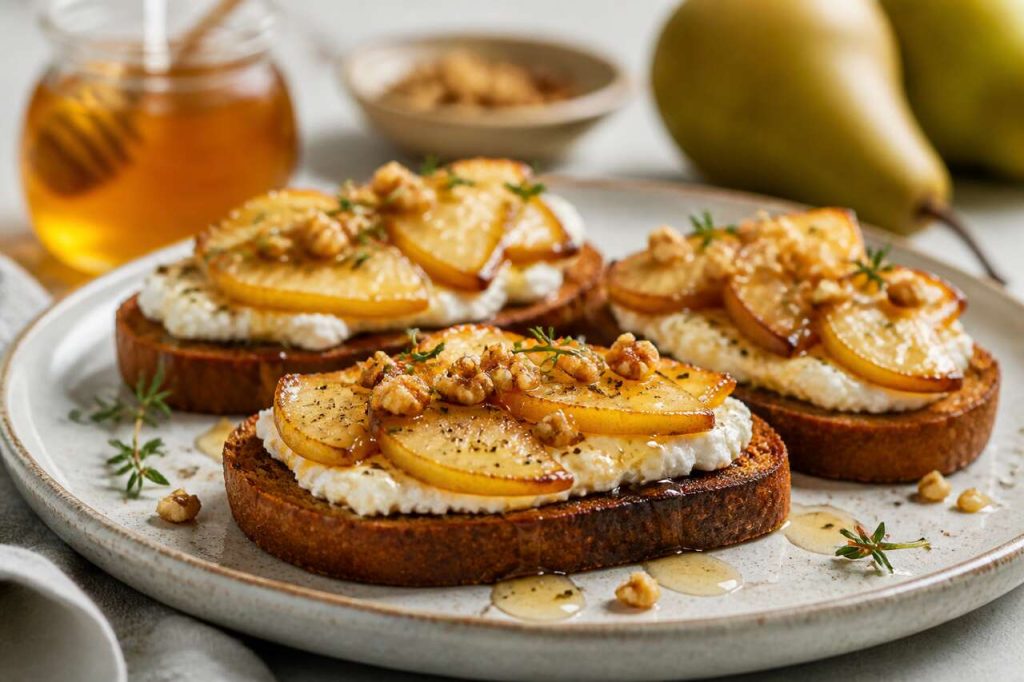Toasts de pain d'épices au chèvre frais, poires rôties et miel