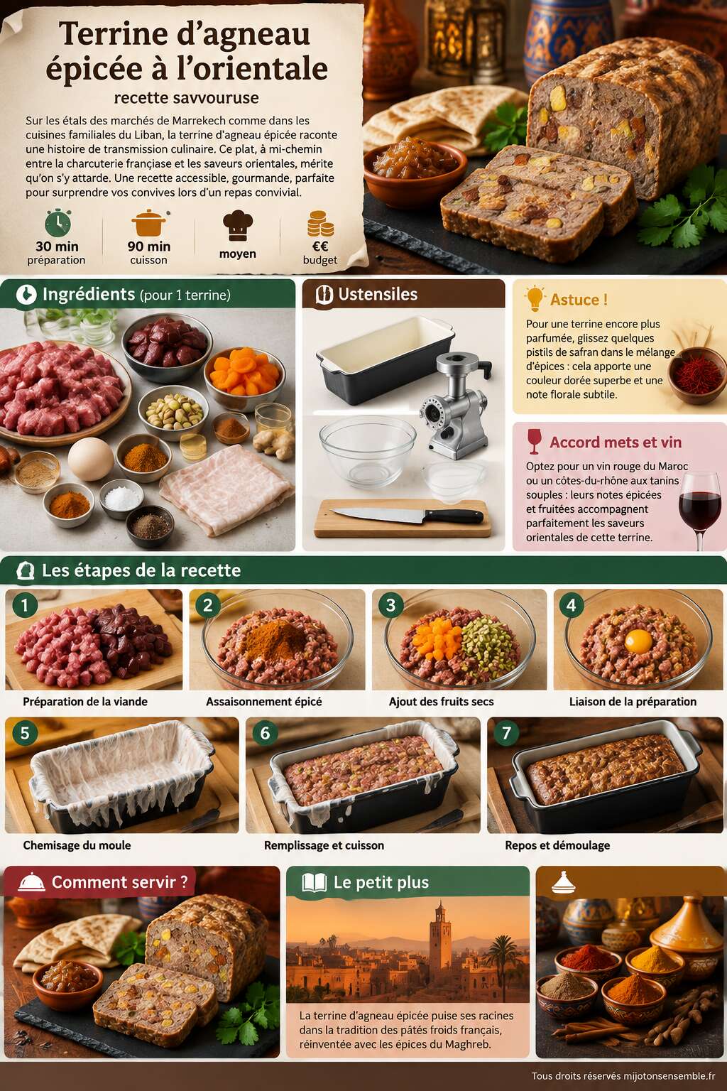 Fiche recette Terrine d'agneau épicée à l'orientale : recette savoureuse Fiche recette Terrine d'agneau épicée à l'orientale : recette savoureuse