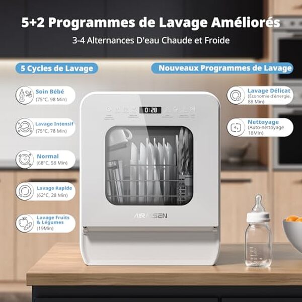 Découvrez notre test complet du mini lave-vaisselle AIRMSEN 4 couverts ultra-étroit : performances, consommation et avis pour cette petite machine pratique.