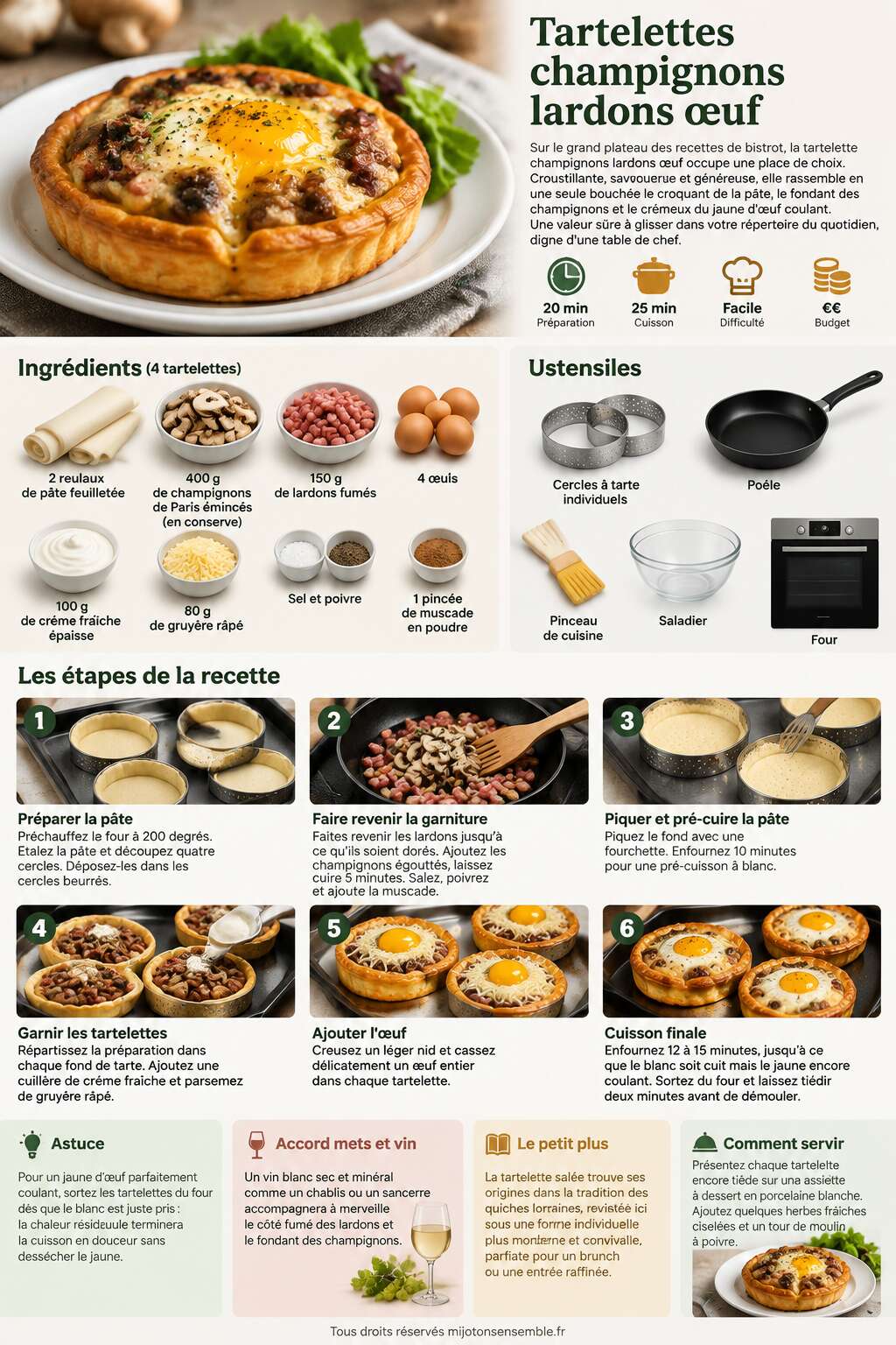 Fiche recette Recette de tartelettes champignons lardons &oelig;uf
