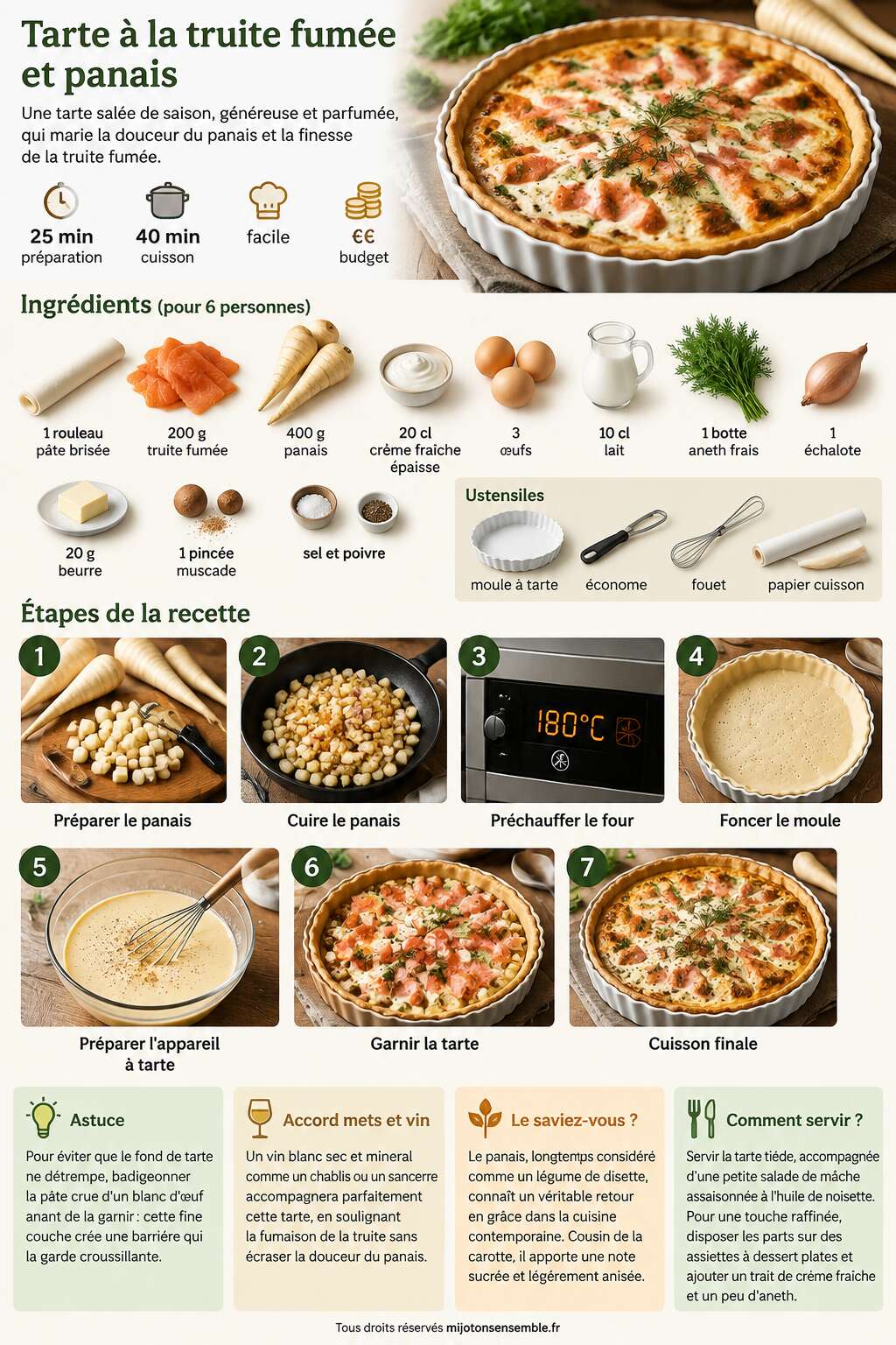 Fiche recette Recette de tarte &agrave; la truite fum&eacute;e et panais