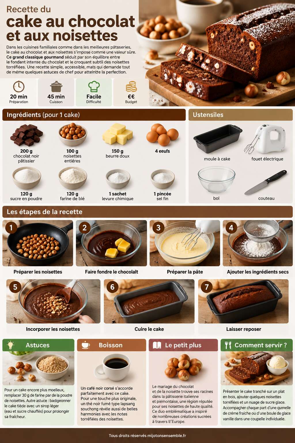 Fiche recette Recette du cake au chocolat et aux noisettes