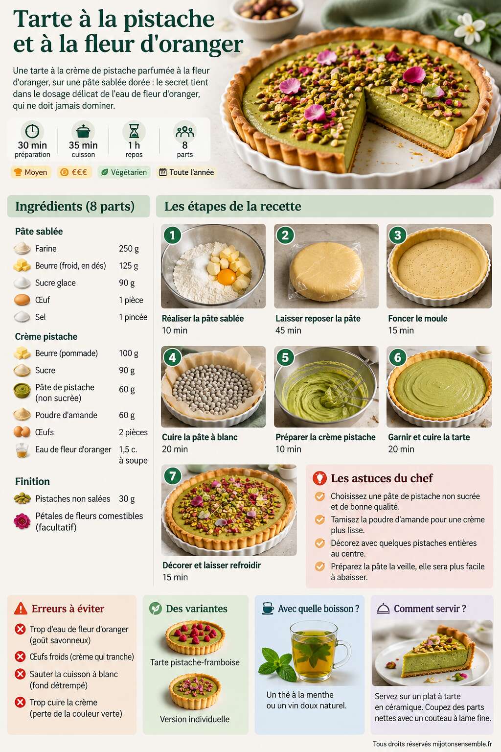 Fiche recette Recette de tarte &agrave; la pistache et &agrave; la fleur d'oranger