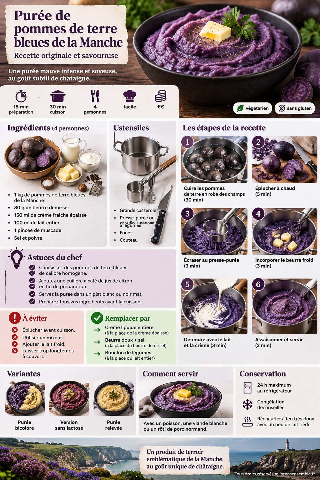 Fiche recette Purée de pommes de terre bleues de la Manche : recette originale et savoureuse Fiche recette Purée de pommes de terre bleues de la Manche : recette originale et savoureuse