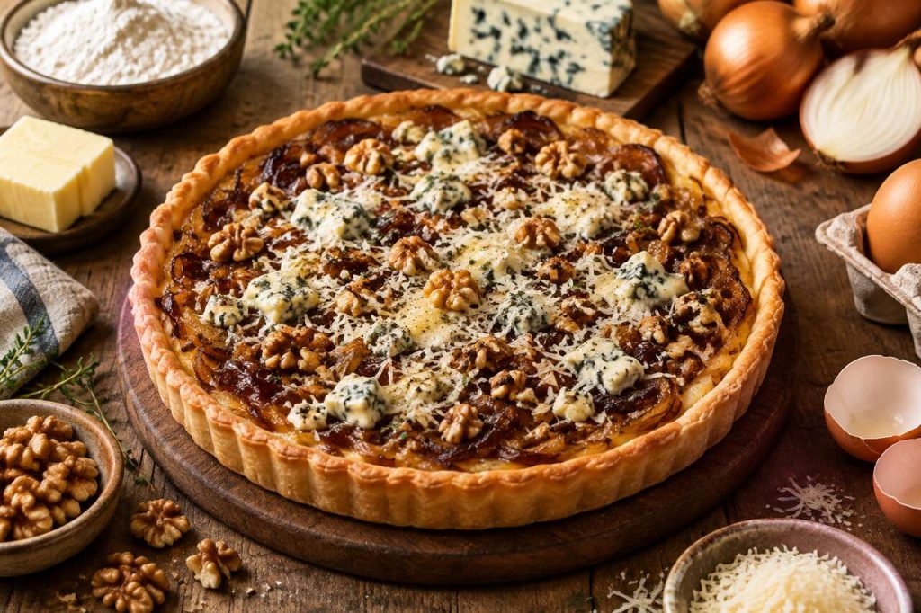 Tarte aux oignons caramélisés, roquefort et Parmesan : recette gourmande