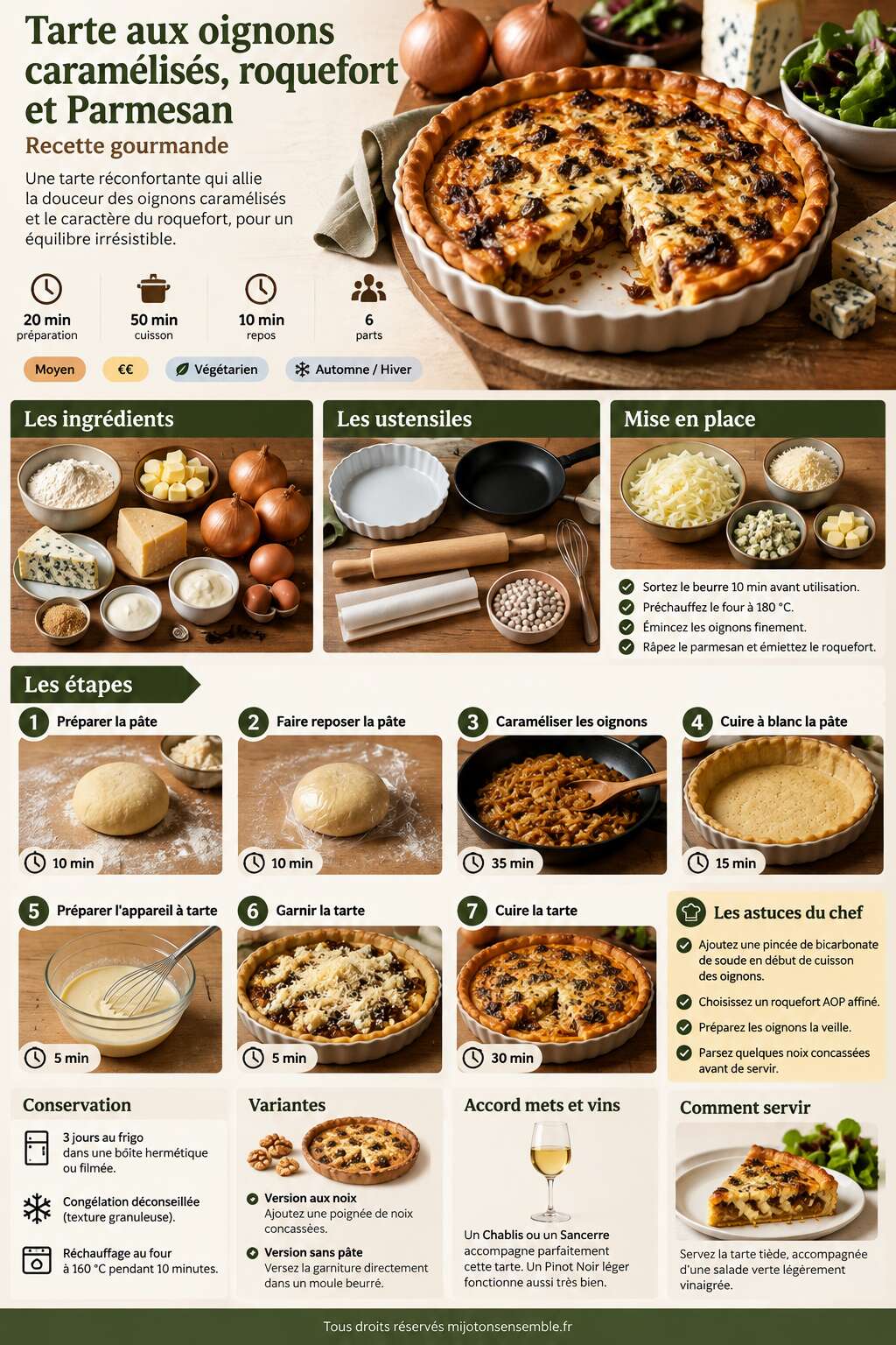 Fiche recette Tarte aux oignons caram&eacute;lis&eacute;s, roquefort et Parmesan : recette gourmande