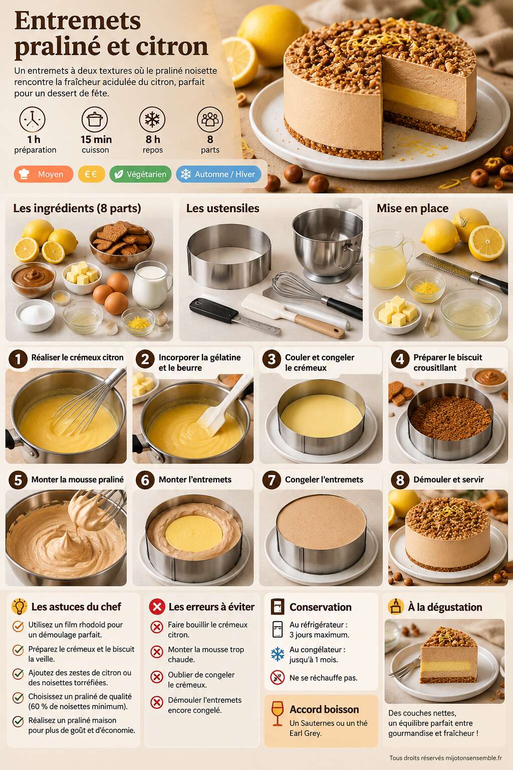 Fiche recette Recette d'entremets pralin&eacute; et citron