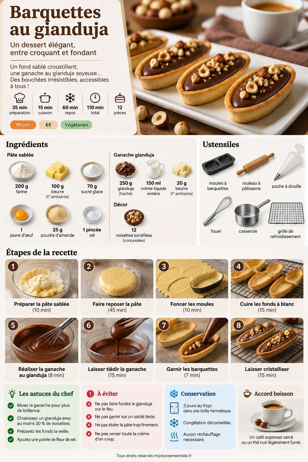 Fiche recette Recette de barquettes au gianduja