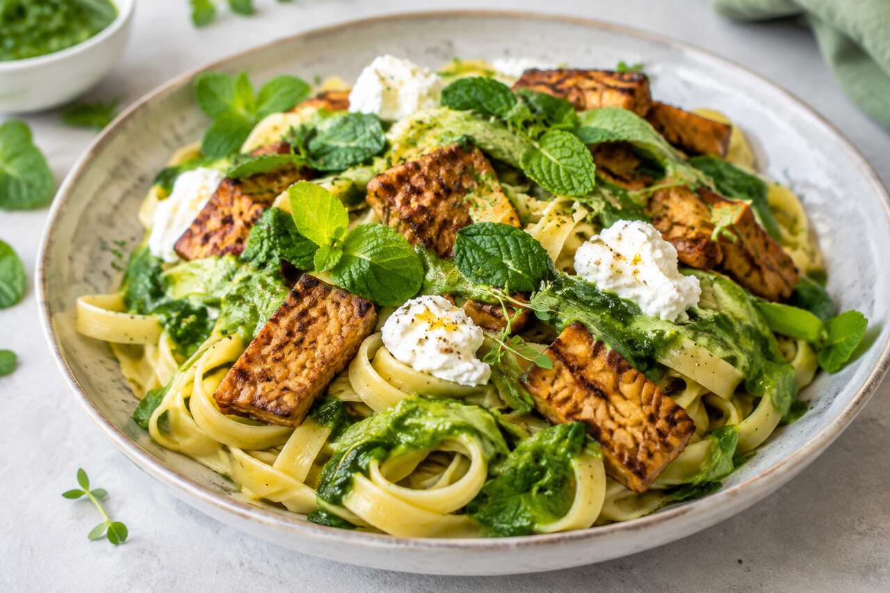 Tagliatelles au tempeh grillé, sauce oseille, menthe et chèvre frais